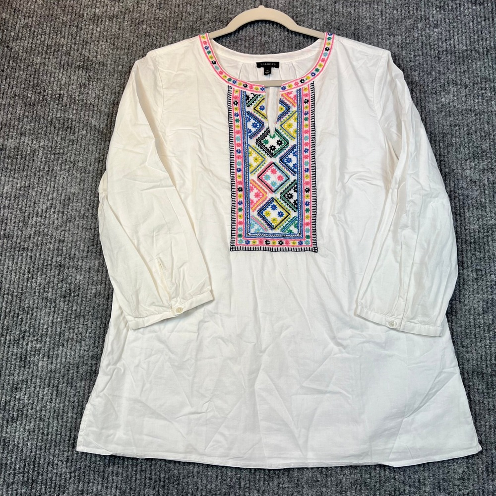 Talbots Tunic Top 100% Cotton White Embroidered Boho Coastal Geometric M